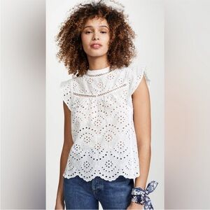 7 For All Mankind White Eyelet Mock Neck Blouse Top